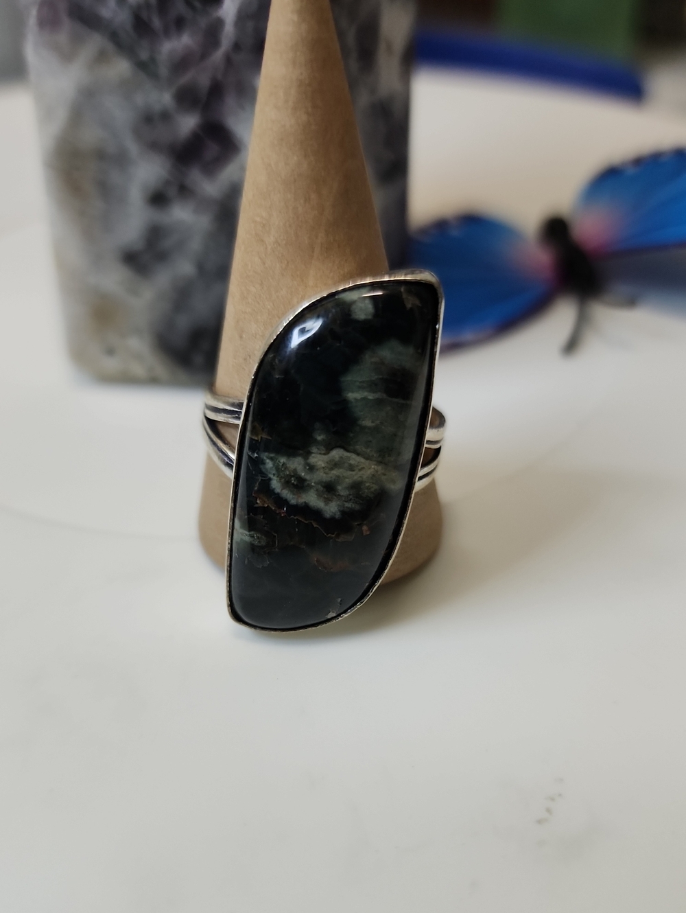 Handcrafted Dark Green and Black Stone Ring